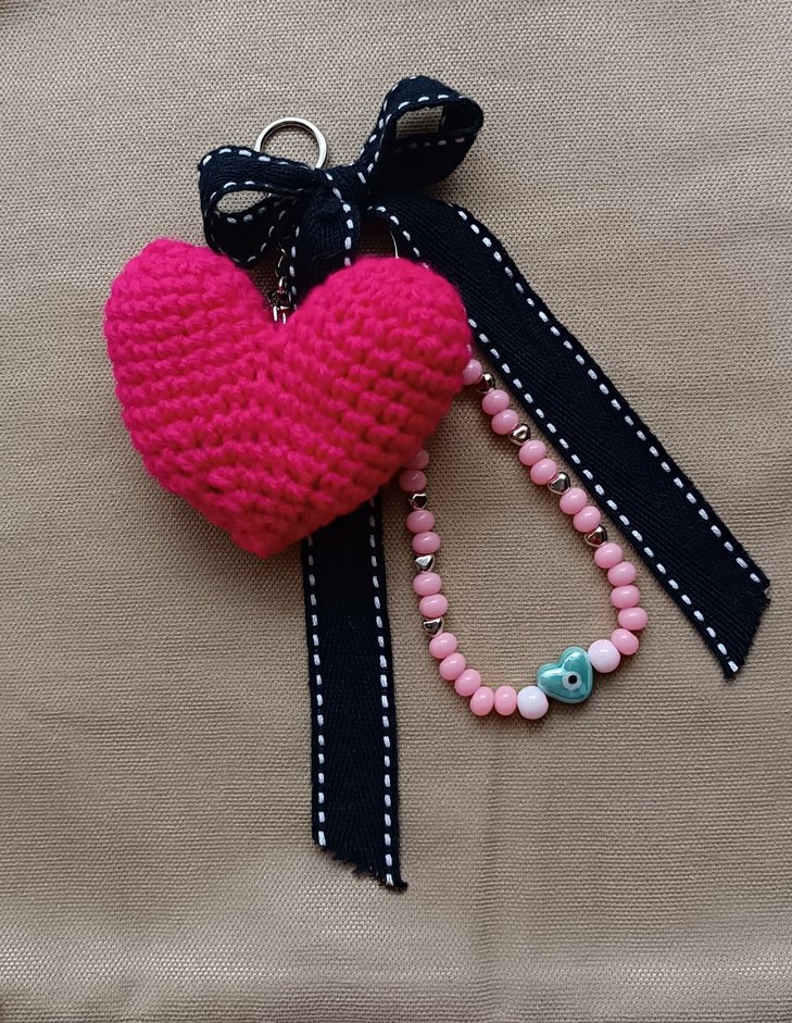 Pembe Boncuklu Bohem Elörgüsü Kalpli Anahtarlık Çanta Süsü - Görsel 4
