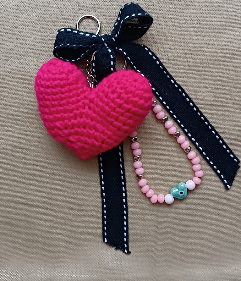 Pembe Boncuklu Bohem Elörgüsü Kalpli Anahtarlık Çanta Süsü - Görsel 3