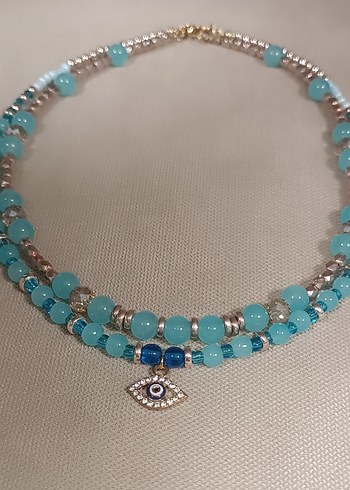 Mavi Işıltı Nazar Charmlı Cam Boncuk Mavi İkili Kolye - Görsel 7