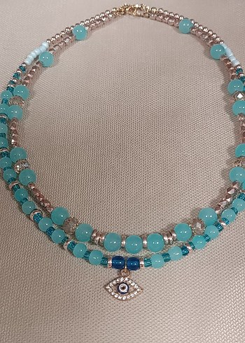 Mavi Işıltı Nazar Charmlı Cam Boncuk Mavi İkili Kolye - Görsel 4