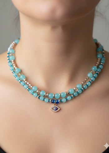 Mavi Işıltı Nazar Charmlı Cam Boncuk Mavi İkili Kolye - Görsel 8