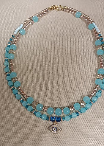 Mavi Işıltı Nazar Charmlı Cam Boncuk Mavi İkili Kolye - Görsel 6