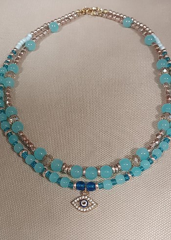 Mavi Işıltı Nazar Charmlı Cam Boncuk Mavi İkili Kolye - Görsel 3