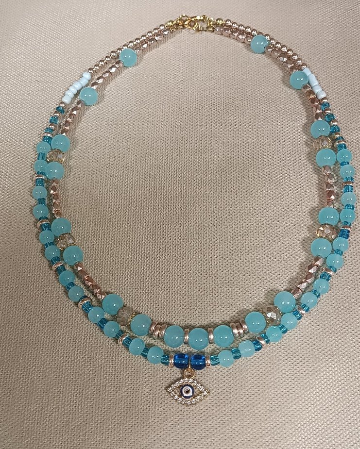 Mavi Işıltı Nazar Charmlı Cam Boncuk Mavi İkili Kolye - Görsel 5