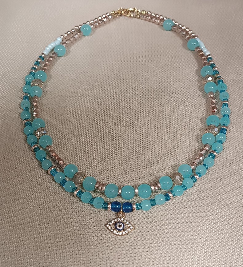 Mavi Işıltı Nazar Charmlı Cam Boncuk Mavi İkili Kolye - Görsel 3