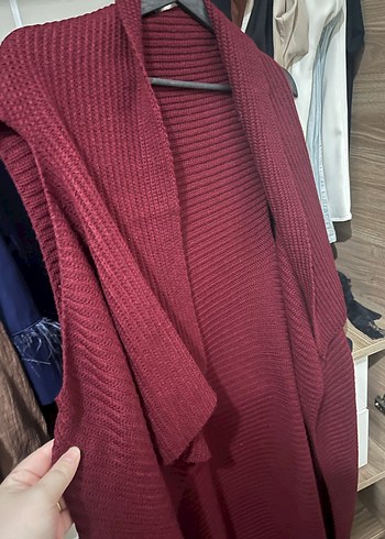 Bordo Örgü Yün Boğazlı Uzun yelek - Görsel 2