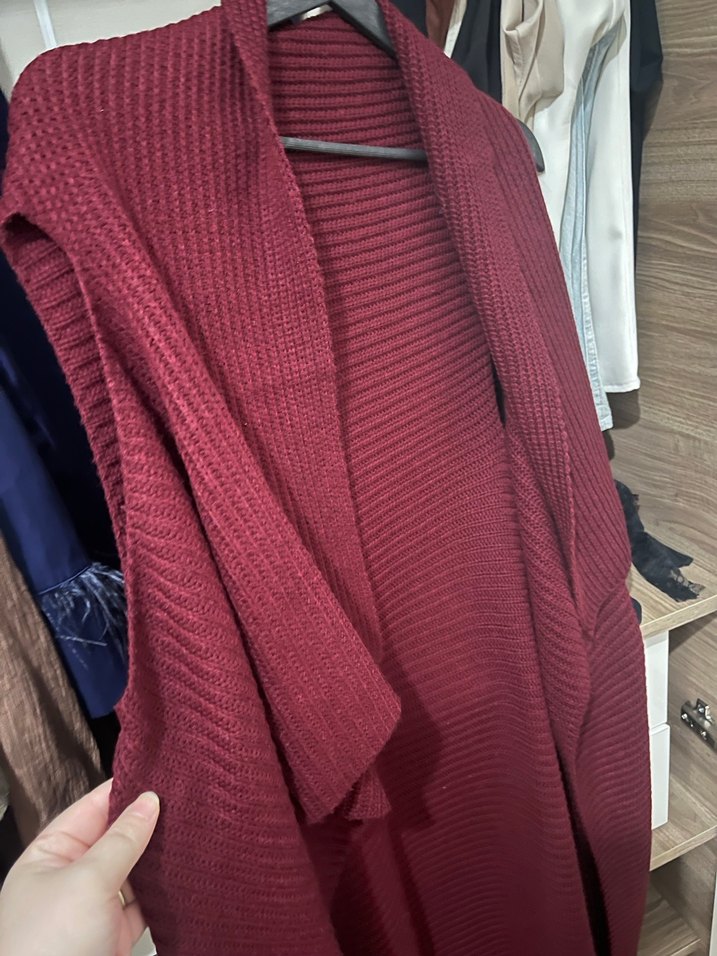 Bordo Örgü Yün Boğazlı Uzun yelek - Görsel 2