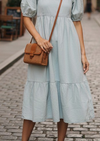 V yaka keten midi elbise - Görsel 5