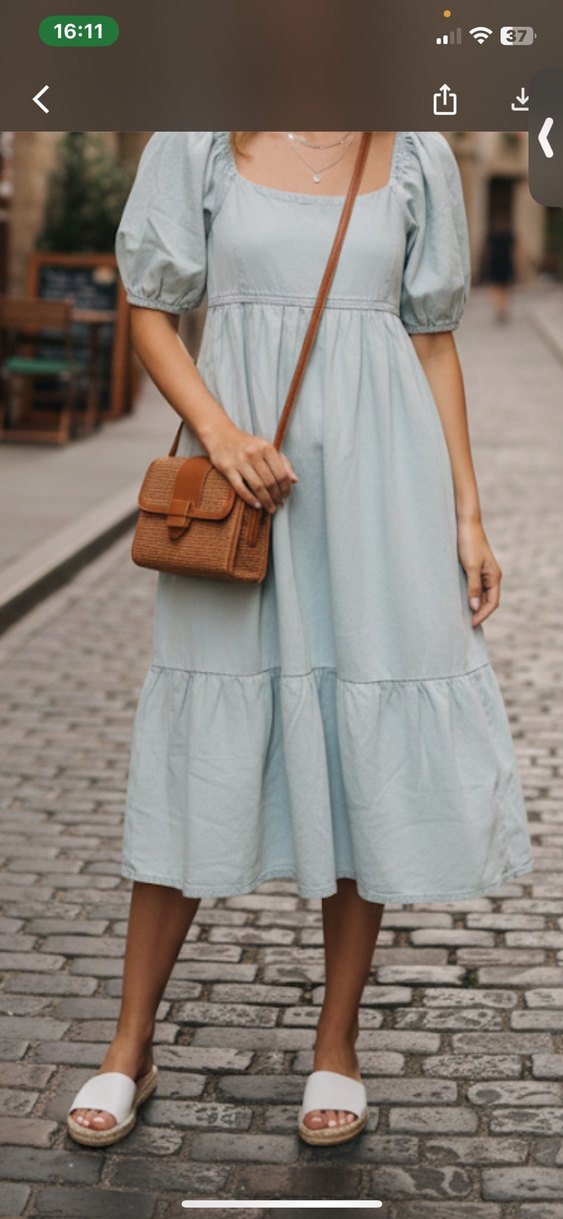 V yaka keten midi elbise - Görsel 5