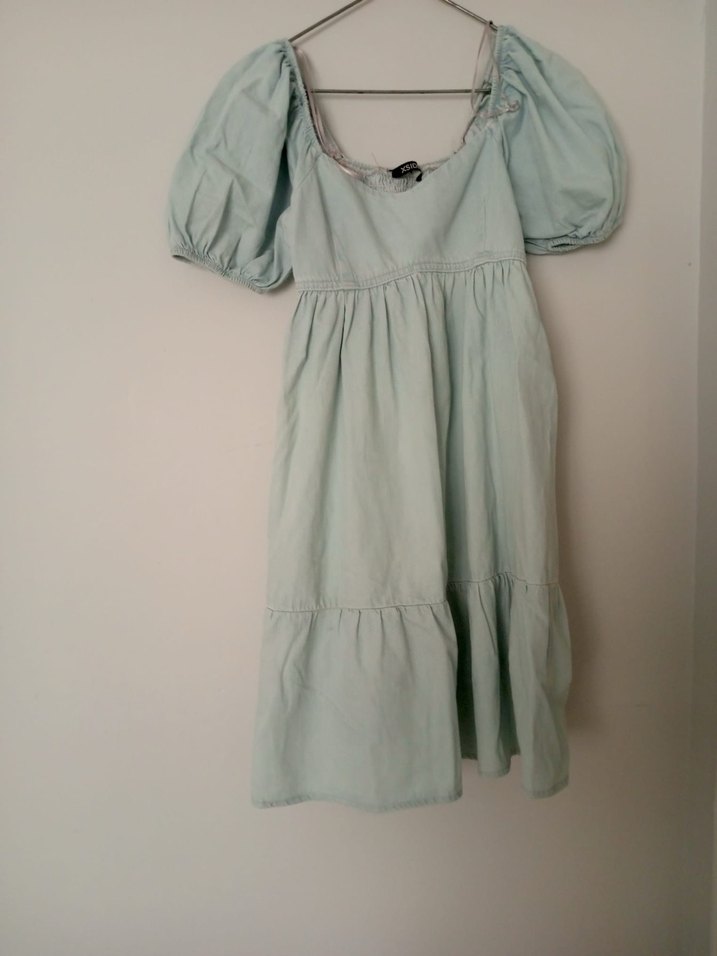 V yaka keten midi elbise - Görsel 2