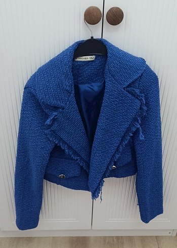 Düğmeli Mavi Kısa Kadın Blazer Ceket - Görsel 2