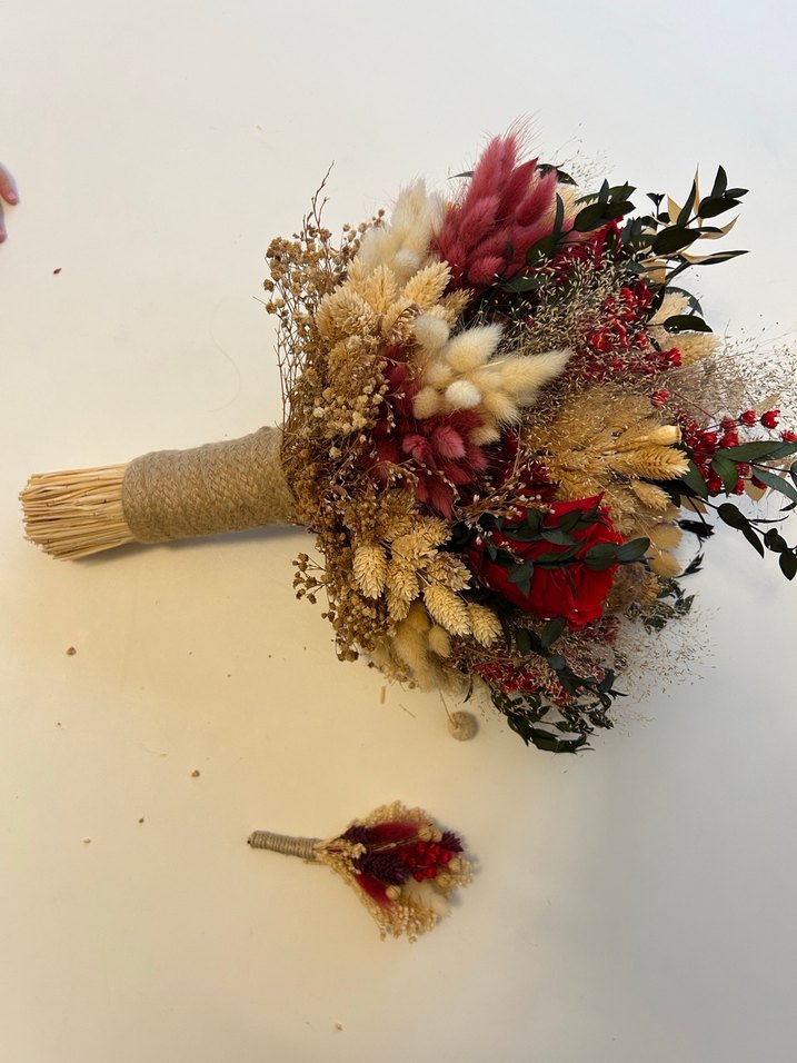 Bordo Bohem Püsküllü Kuru Çiçek Gelin Buketi - Görsel 2