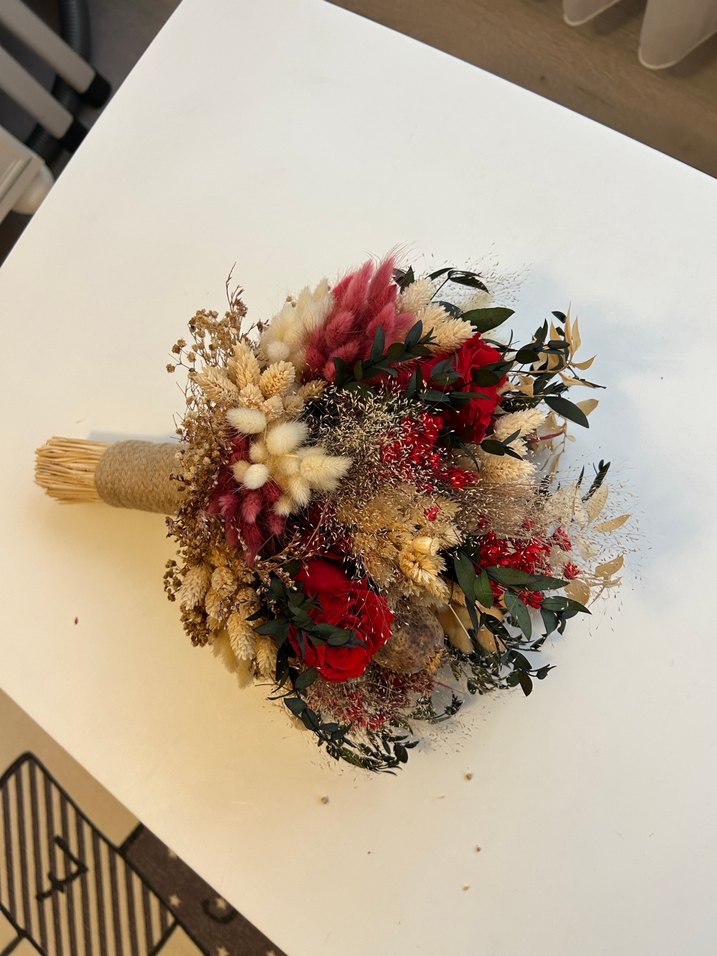 Bordo Bohem Püsküllü Kuru Çiçek Gelin Buketi - Görsel 5