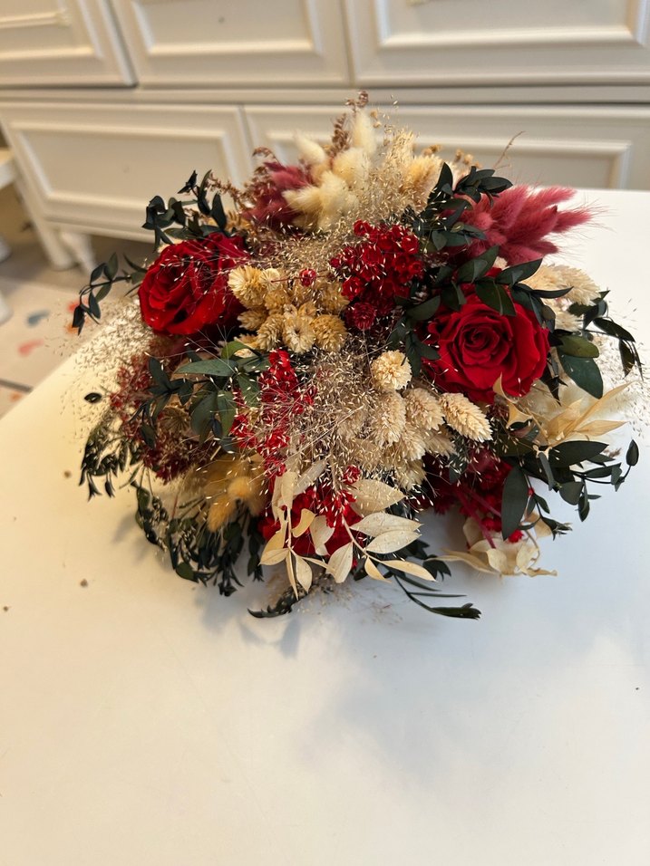 Bordo Bohem Püsküllü Kuru Çiçek Gelin Buketi - Görsel 3