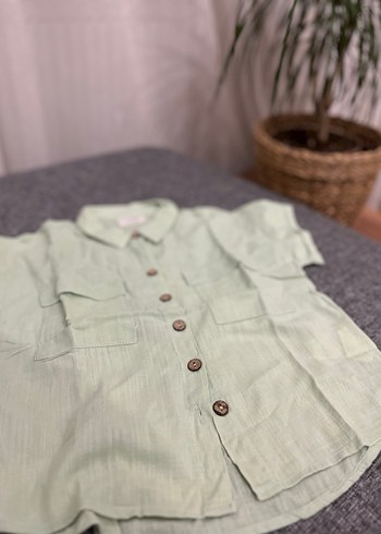 Kısa Kollu Düğmeli Keten Bej Gömlek - Görsel 2