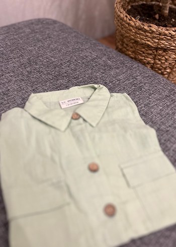 Kısa Kollu Düğmeli Keten Bej Gömlek - Görsel 3