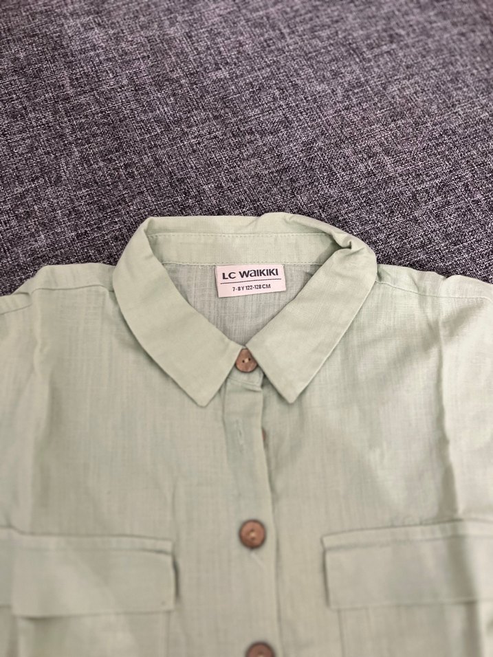 Kısa Kollu Düğmeli Keten Bej Gömlek - Görsel 5