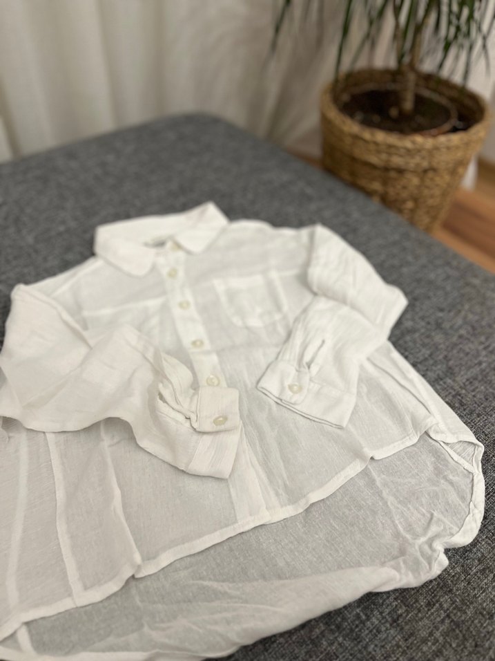 Beyaz Keten Basic Gömlek - Görsel 4