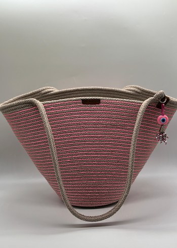 Pembe floş ip geçişli tres kordon Bohem Pembe Plaj Çantası