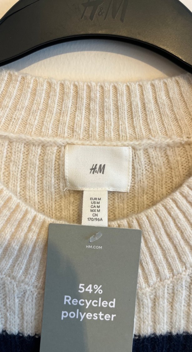 Krem üzerine lacivert Çizgili  Yün Kazak - Görsel 2