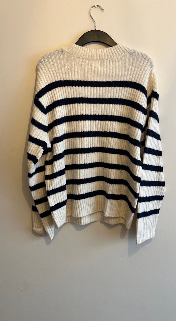 Krem üzerine lacivert Çizgili  Yün Kazak - Görsel 5