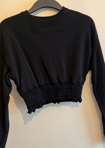 Siyah Kadın Uzun Kollu Crop Sweatshirt - Görsel 3