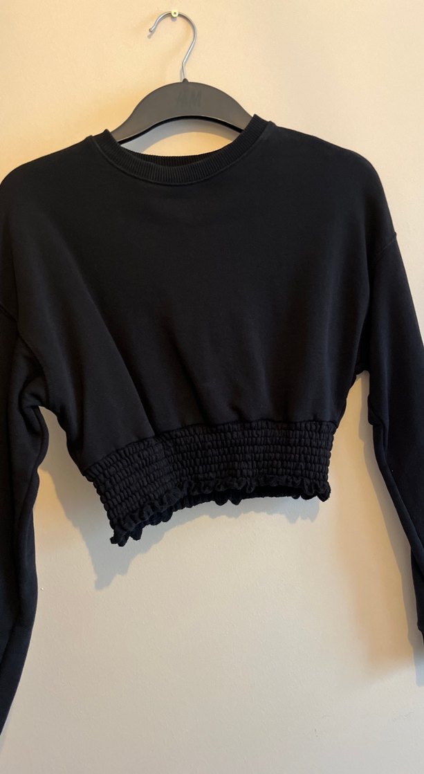 Siyah Kadın Uzun Kollu Crop Sweatshirt - Görsel 3
