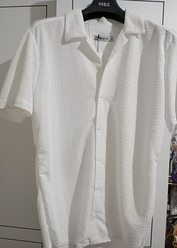 M&S Beyaz Keten Kısa Kollu Gömlek erkek