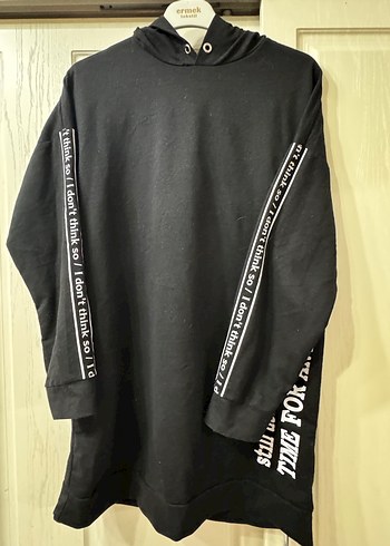 Kadın Siyah Kapüşonlu Uzun Sweatshirt - Görsel 2