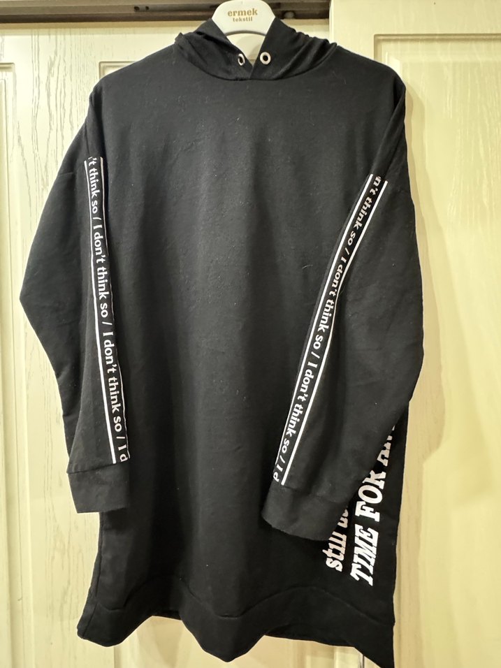 Kadın Siyah Kapüşonlu Uzun Sweatshirt - Görsel 2