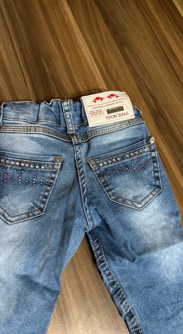 Nakışlı ve Payetli Mavi Kız Kot Pantolon - Görsel 3