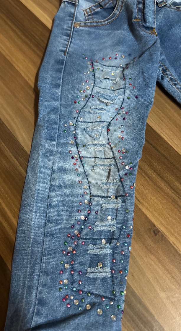 Nakışlı ve Payetli Mavi Kız Kot Pantolon - Görsel 2