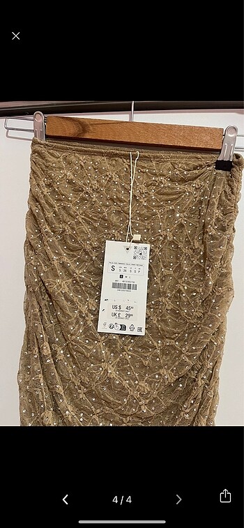 s Beden camel Renk Zara Taşlı etek ve taşlı crop bluz