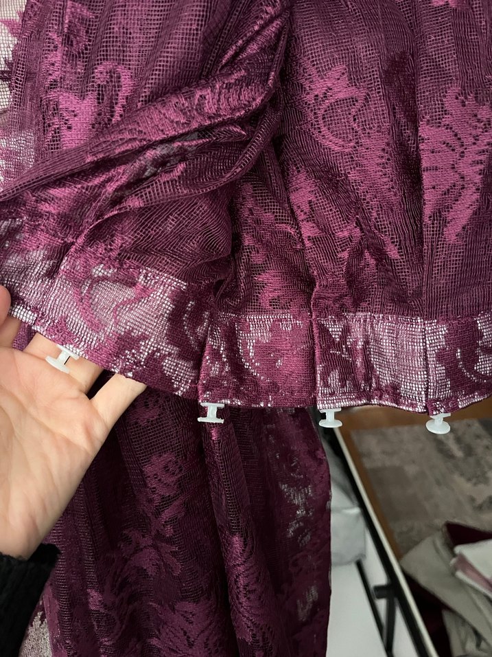 Mürdüm rengi Desenli Tül fon perde - Görsel 3