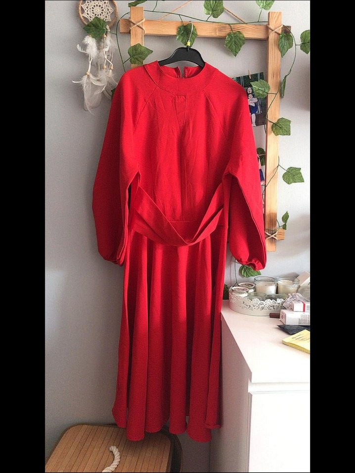 Kırmızı Uzun Drapeli Kadın Elbise - Görsel 2