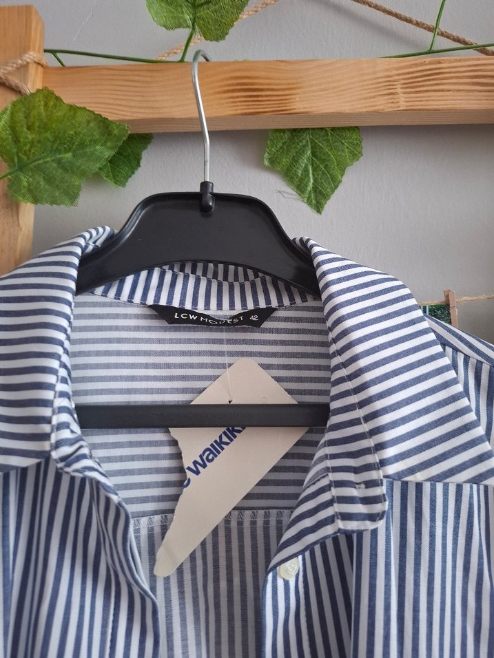 Uzun Kollu Gri Çizgili Pamuklu Kadın Gömlek - Görsel 2