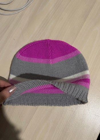 Gri Pembe Çizgili Kadın Örgü Bere - Görsel 2