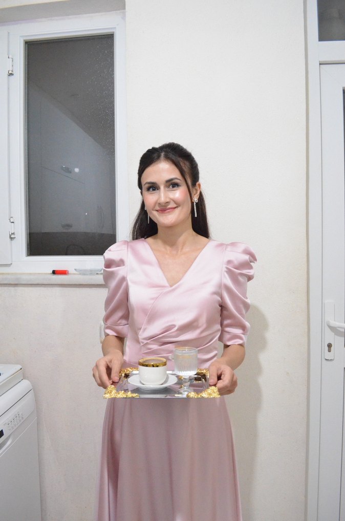 Pembe Düğün Elbisesi, Uzun Kollu, Pofuduk - Görsel 3