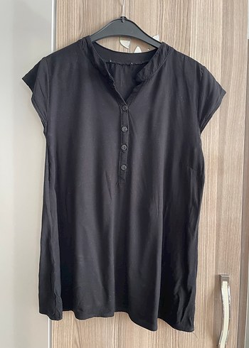 Düğmeli V Yaka Siyah Viskon Bluz / vintage