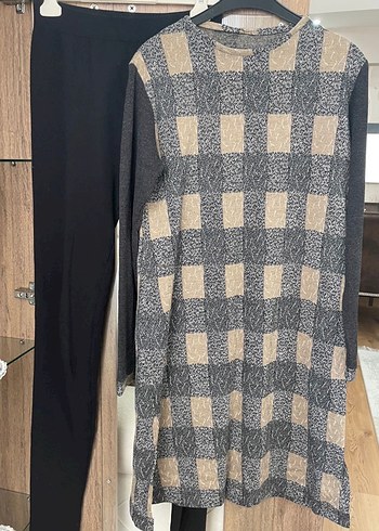 Triko Tunik Tayt Pantolon Takım | kahverengi gri siyah - Görsel 2