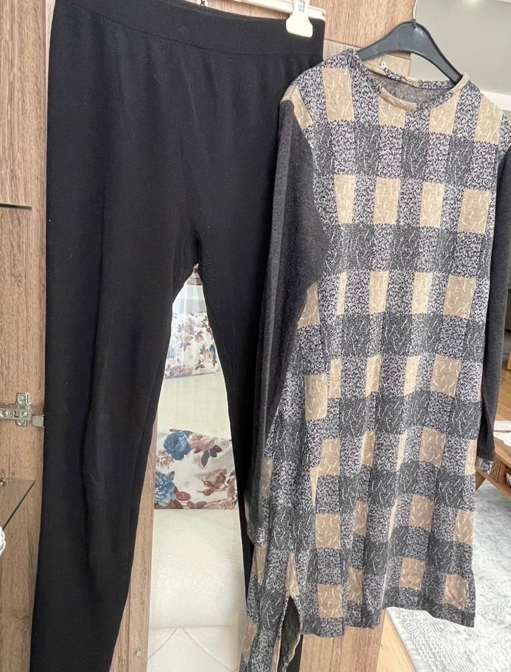 Triko Tunik Tayt Pantolon Takım | kahverengi gri siyah - Görsel 4