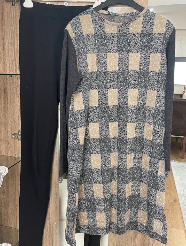 Triko Tunik Tayt Pantolon Takım | kahverengi gri siyah - Görsel 2