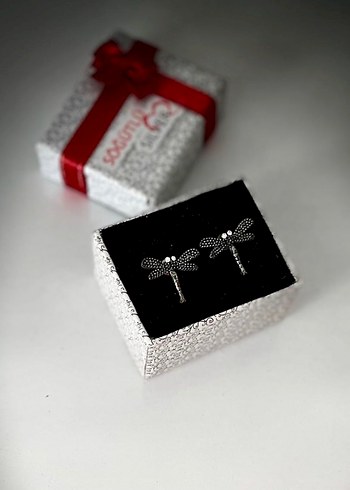 Yusufçuk Figürlü Gümüş Renk Taşlı Küpe / kelebek - Görsel 2