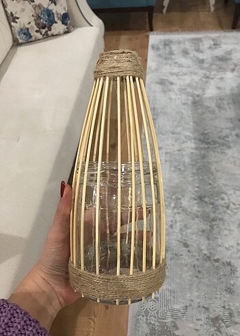 Beden İkili Dekoratif Bohem Hasır Bambu Cam Vazo takımı
