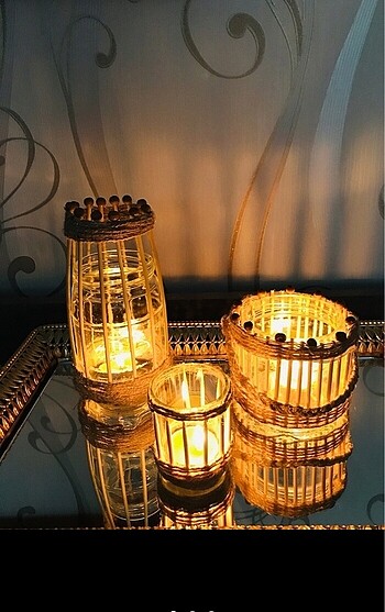 Dekoratif bohem hasır bambu cam vazo mumluk takımı
