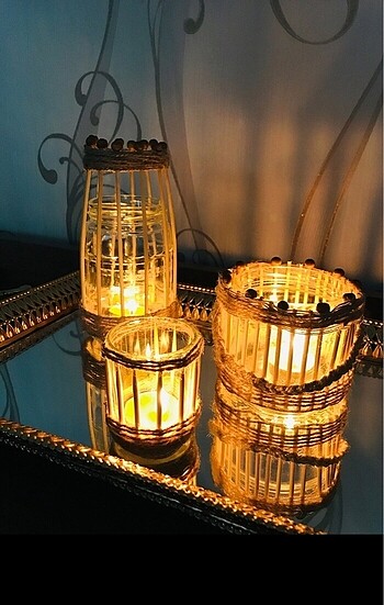 Mudo Concept Dekoratif bohem hasır bambu cam vazo mumluk takımı