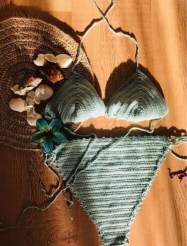 Tasarımcı El örgüsü bikini takımı / su yeşili