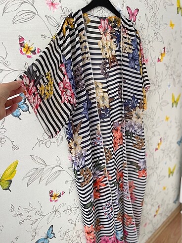 Tasarımcı Kimono / Preo , uzun şifon, çiçek desenli