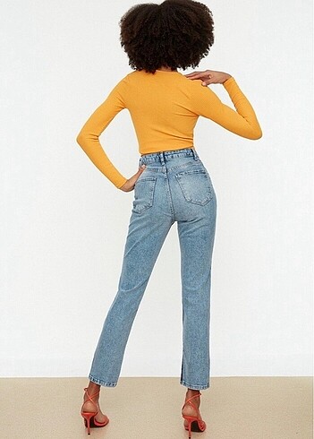 36 Beden mavi Renk Mavi yırtmaçlı yüksek bel straight jean kot pantolon