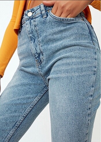 36 Beden Mavi yırtmaçlı yüksek bel straight jean kot pantolon